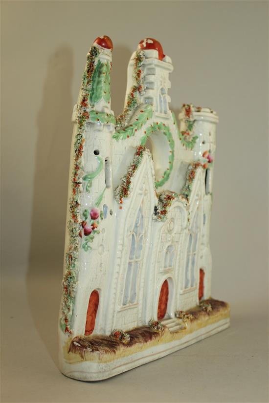 A Staffordshire porcelaneous church shaped watch stand, mid 19th century, 31cm